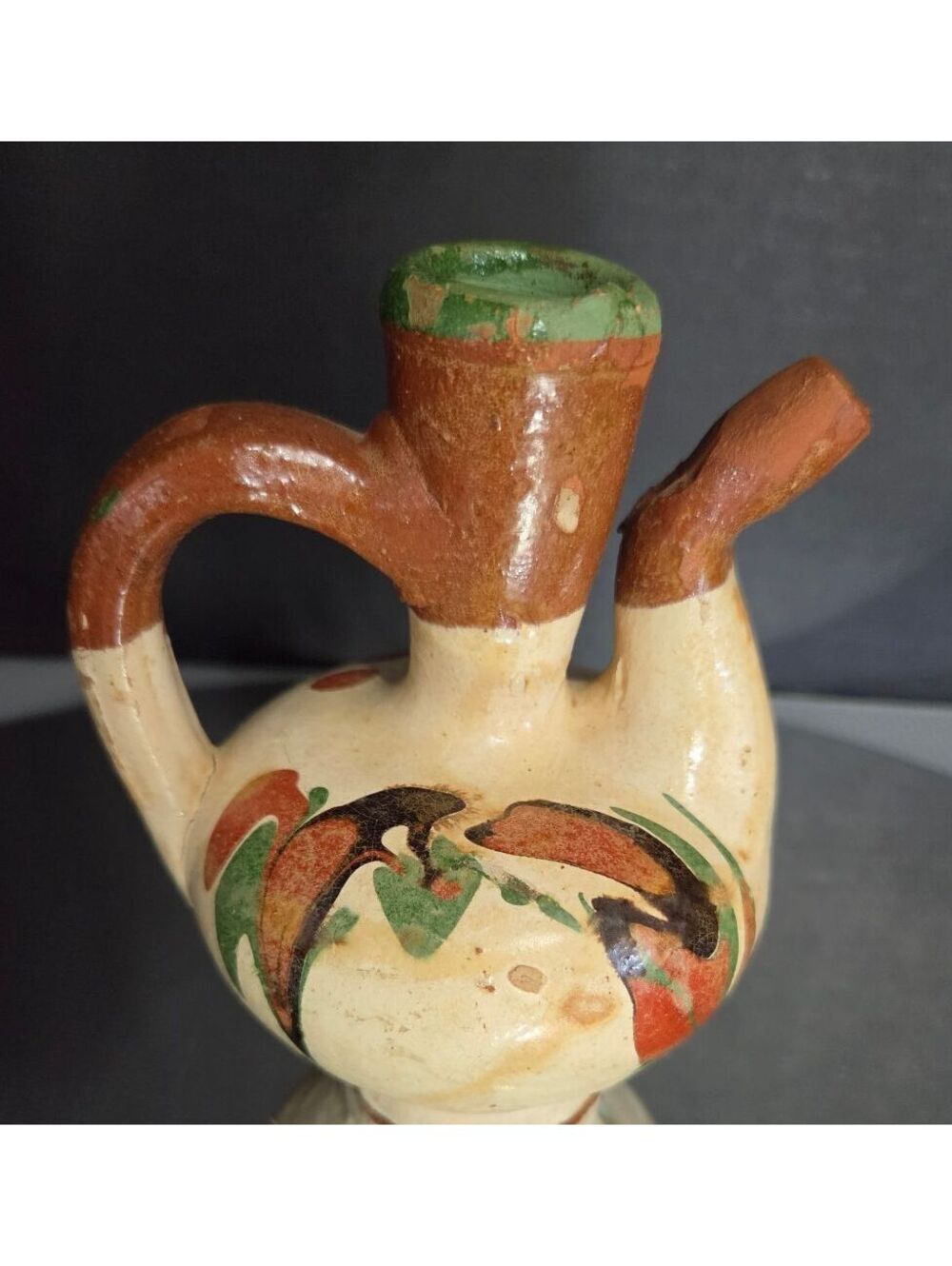 Vintage 1960s Turkish Kınık pottery Jug Anatolian Folk Art Redware Pit 5"cher